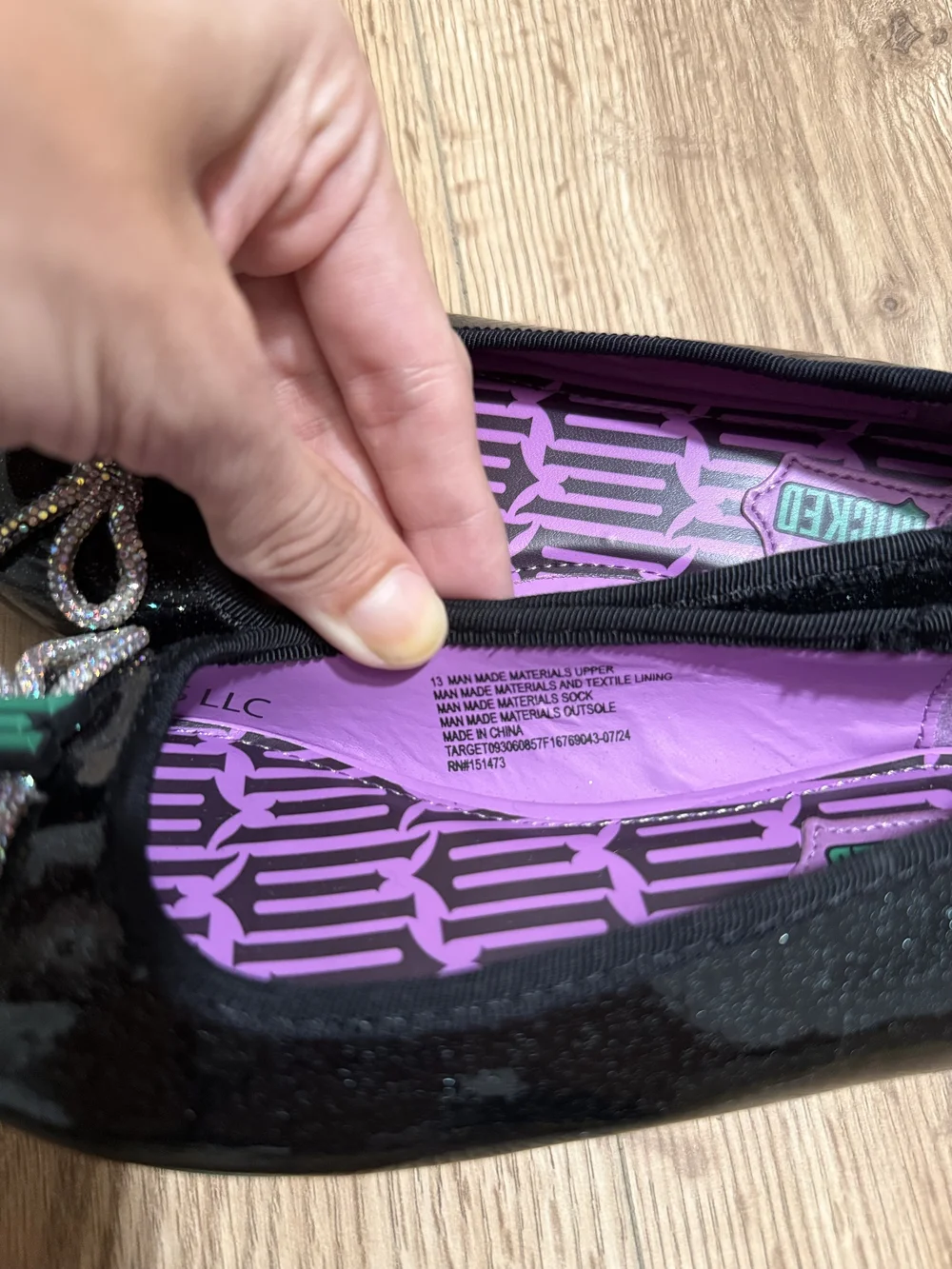 Black Glitter Ballet Flats with Purple Insole and Green Trim